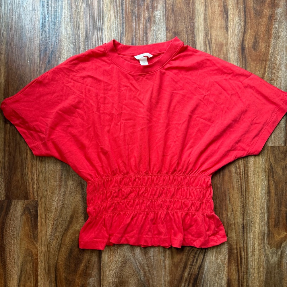 H&M Red Dolman Sleeve Smocked Crop Blouse